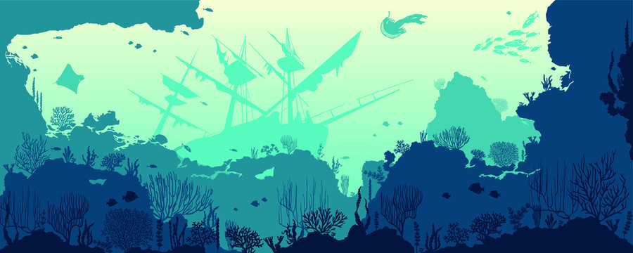 Silhouette of coral reef with fishes and wreck on bottom in blue sea. Vector nature illustration. Marine underwater life.