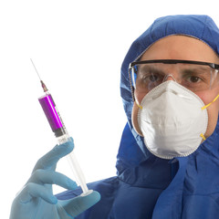 Doctor in protective mask and gloves holding syringe with virus COVID 19 vaccine.