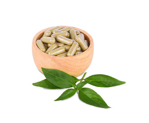 Andrographis paniculata leaf and capsule in bowl wooden on white background. medical herbs