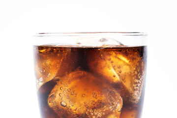 Close up cold drinking, soda with ice, glass of cola for hot and summer drink isolated on white background