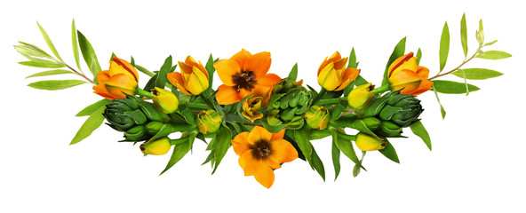 Orange ornithogalum flowers and green leaves in a floral waved arrangement