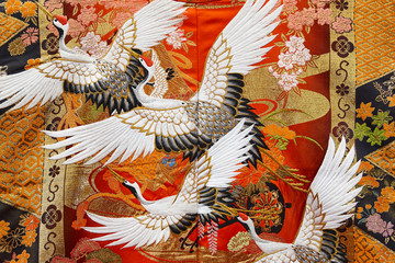 Traditional japanese kimono textile pattern style with crane element - obrazy, fototapety, plakaty