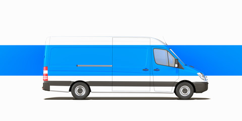 White Van With Blank Blue Stripe On White Background. Fast Delivery In Quarantine Time. 3D Rendering