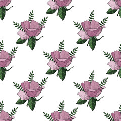 Seamless pattern with light pink wild roses on the white background. Endless texture for design. Decorative seamless background the best for greeting cards, interior, cosmetics and textile.