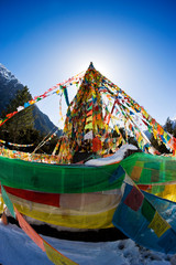 colorful buddhist prayer flags in the mountains, Tibet China