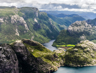  view of the fjord and the mountains from the Preikestolen viewpoint in Norway