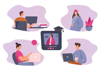 E-Learning Online Styding.Freelancers Working on Laptop,Computer.Online Course or Watching Webinar.Students with Laptops.Online Teacher on Huge Computer Monitor with Graduation Cap.Vector Illustration