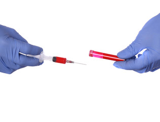 Doctor in mask and gloves holding test tube and syringe with blood over white background