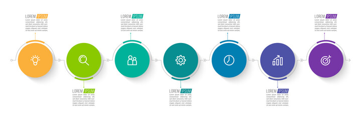 Minimal Business Infographics template. Timeline with 7 steps, options and marketing icons .Vector linear infographic with seven conected elements. Can be use for presentation.