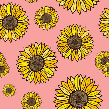 Seamless pattern with warm sunflowers in different dimensions 