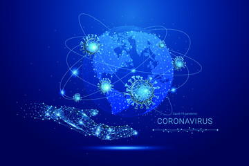 COVID-19 Pandemic concept. Coronavirus 2019-nCoV virus attack on Earth globe. Abstract low polygonal planet Earth and virus cells. Viruses, bacteria, microbes on world map simulation. Editable Vector.