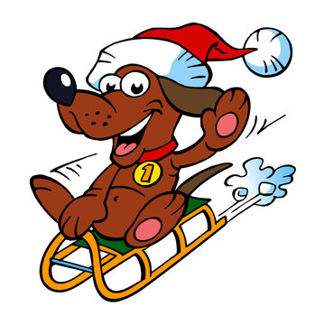 Dog with Santa's cap rides on a sledge and waving for greeting, Christmas and winter sports, color cartoon