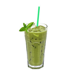 Green tea frappucino in glass isolated on white background