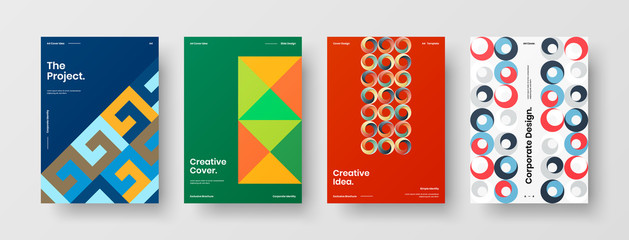 Fototapeta premium Company identity brochure template collection. Business presentation vector A4 vertical orientation front page mock up set. Corporate report cover abstract geometric illustration design layout bundle.