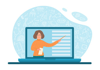 Online distance education. Teacher with pointer on laptop screen writs school subjects doodle around. Educational video conference, or webinar vector illustration.