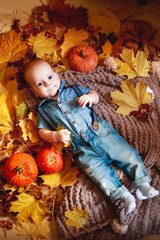 baby boy lying in red and yellow maple leaves.