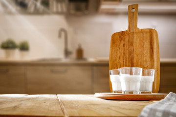 desk of free space and kitchen interior 