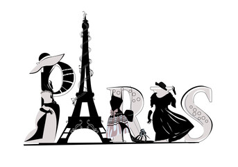 Lettering Paris with a fashion girl in black dress. Hand drawn vector illustration. - obrazy, fototapety, plakaty
