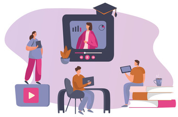 Online Courses and E-Learning.Freelancers Working With Laptop,Computer,Online Courses and Watching Webinar.Online Teacher on Huge Computer Monitor with Graduation Cap.Flat Vector Illustration