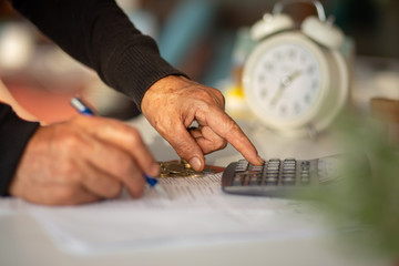 senior man hands portrait count money coins due coronavirus pandemic crisis