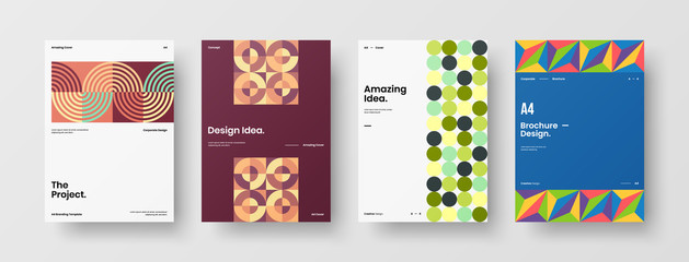 Obraz premium Company identity brochure template collection. Business presentation vector A4 vertical orientation front page mock up set. Corporate report cover abstract geometric illustration design layout bundle.