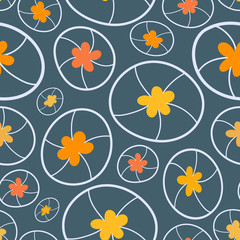 Seamless pattern with abstract round flowers on a sea blue background