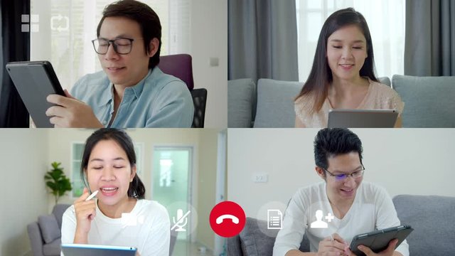 Video conference user interface of business team talking in video call at home. Asian team using laptop and tablet online meeting in video call.Working from home, Working remotely and Social isolation