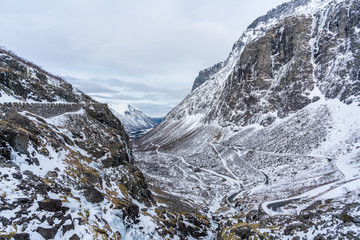 Famous Trollstigen road and the valley in wintertime.