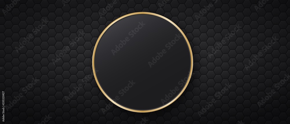 Poster black background with hexagonal tiles and round golden frame