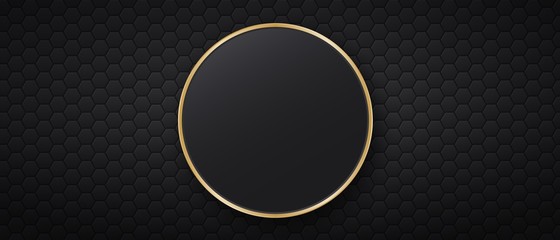 Black background with hexagonal tiles and round golden frame