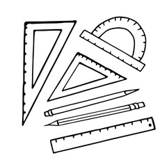 ruler pencil set hand drawn in doodle scandinavian minimalism style. collection of elements for design icon, card, sticker, poster. drawing, school, study, triangle, angle transparent