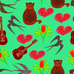 
Vector illustration. Abstract multicolored bright seamless pattern in the form of hearts, cats, birds, guitars, flowers. Design for wallpaper, covers, cards, prints.