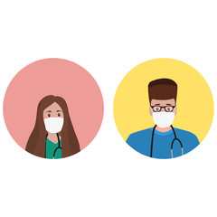 Young male and female doctors with stethoscope in a hospital. Cartoon flat, vector illustration