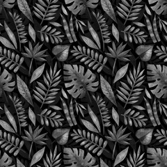Watercolor seamless pattern with tropical plants. Jungle leaves, monstera, palm. Black and white nature background perfect for home design, wallpaper, wrapping, textile