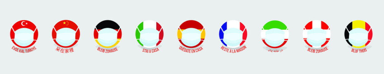 Stay at home in Turkish, Chinese, French, German, Spanish, Persian, Italian, Dutch. Oval flags with health mask.