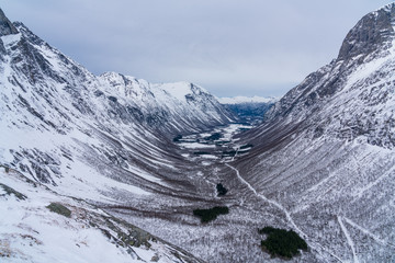 Famous Trollstigen road and the valley in wintertime.