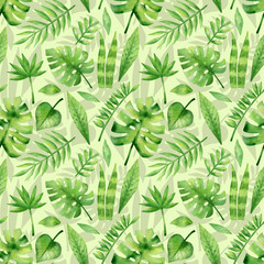Fototapeta na wymiar Watercolor seamless pattern with tropical plants. Jungle leaves, monstera, palm. Green nature background perfect for home design, wallpaper, wrapping, textile