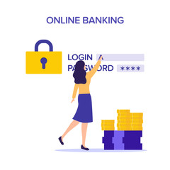 Internet Safety. Account verification and online banking concept. Flat character illustration. Sign in to account, user authorization, login authentication page concept. Username, password field.