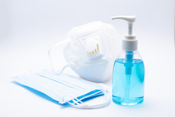 Hand sanitizer for protection Covid-19 virus And medical surgical masks for protection Covid-19 virus.Corona virus protection concept.