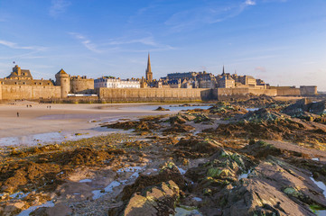 skyline of Saint Malo from sea at low tide, Brittany, France