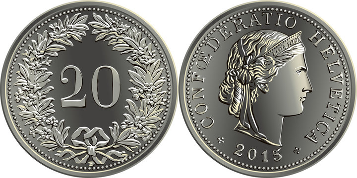 20 centimes coin Swiss franc, 20 in wreath of gentian on reverse, head of Liberty and CONFOEDERATIO HELVETICA on obverse, official coin in Switzerland