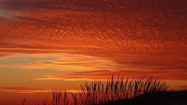 A quiet evening on the beach of the Atlantic Ocean in Tarifa, Spain, Andalusia. The sunset sky is brightly colored in red and orange.