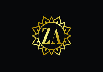 Elegant Golden ZA Monogram Logo within a Geometric Sunburst Frame Luxury Branding and Sophisticated Design Element