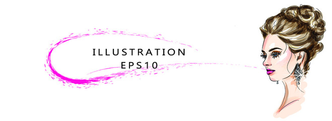 Vector illustration on the theme of makeup and beauty. Beautiful face of a girl with bright eye makeup and a beautiful hairstyle. Woman with large earrings.