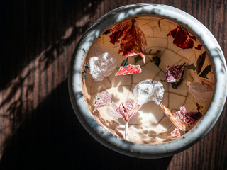 Flower tea for breakfast. Spring. Macro vision. Herbal tea 