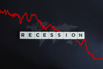 Global recession and world coronavirus crisis. World map with red stock and financial chart.