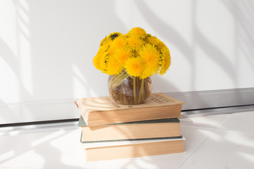  a bouquet of dandelions in a vase in a cozy white room. home spending time concept.