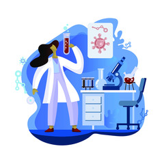 A female doctor works in a laboratory and conducts experiments. On the table there is a microscope test tubes and a flask on the wall there is a poster of coronavirus. Flat elements drawn by hand.