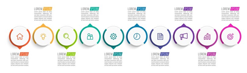 Minimal Business Infographics template. Timeline with 10 steps, options and marketing icons .Vector linear infographic with ten conected elements. Can be use for presentation.
