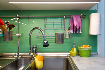 Kitchen sink with faucet. Workspace for washing